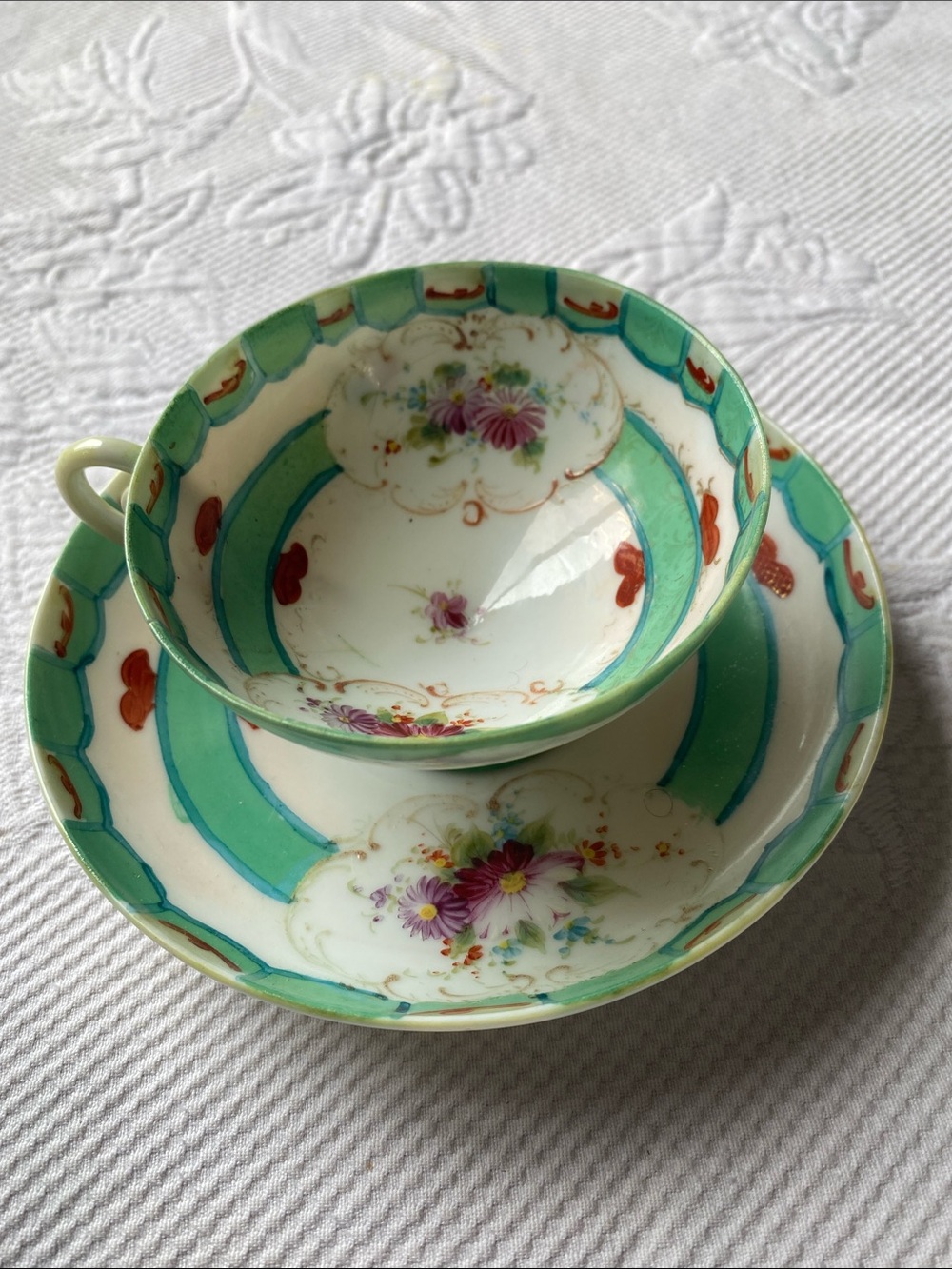 Vintage Mid-Century Lusterware Footed Teacup and Saucer Mint Green
